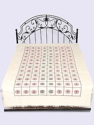 Ivory Pure Cotton Single-Bed Bedspread with All-Over Toda Embroidery from Tamil Nadu