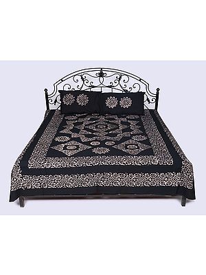 Black-Onyx Batik Printed Queen Size Bedspread with Pillow Cases from Tamil Nadu