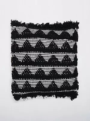 Black and White Thread Embroidered Cushion Cover with Fringes