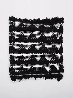 Black and White Thread Embroidered Cushion Cover with Fringes