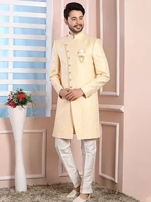 Imported Jacquard Silk Indo Western Sherwani With Dupion Art Silk Aligarhi Pant For Wedding Groom Men
