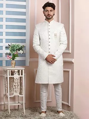 Dupion Art Silk Bottom With Imported Jacquard Silk Sherwani Indo Western Set Embroidered Design