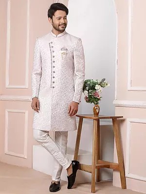Imported Jacquard Silk Indo Western Sherwani Set With Dupion Art Silk Bottom For Wedding Festive Wear