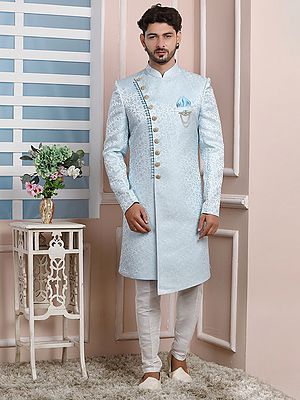 Men's Dupion Art Silk Bottom Indo Western Sherwani Set In Imported Jacquard Silk For Wedding Festive