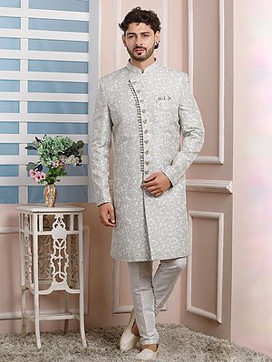Luxury Imported Jacquard Silk Sherwani With Dupion Art Silk Bottom Indo Western Set For Wedding Festive Party Wear