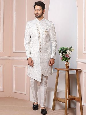 Premium Imported Jacquard Silk Indo Western Sherwani Set Paired With Luxe Dupion Art Silk Bottom For Men