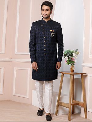 Velvet Jacquard Silk Indo Western Sherwani Set With Dupion Art Silk Aligarhi Pant For Wedding Sangeet Festive Glamour