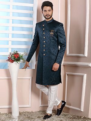 Royal Imported Jacquard Silk Indo Western Sherwani Paired With Luxurious Dupion Art Silk Aligarhi Pant For Ultimate Men
