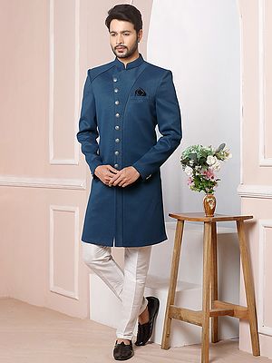 Elegant Imported Jacquard Silk Indo Western Sherwani Set With Dupion Art Silk Aligadhi Pant For Groom