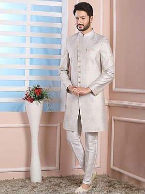 Art Silk Thread Work Indo Western Sherwani Set With Churidar Pajama For Wedding Reception Party Festive Wear
