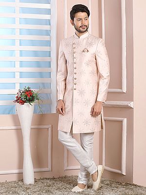 Thread Work Art Silk Indo Western Sherwani Suit With Churidar For Festive Reception Party Occasion Wear