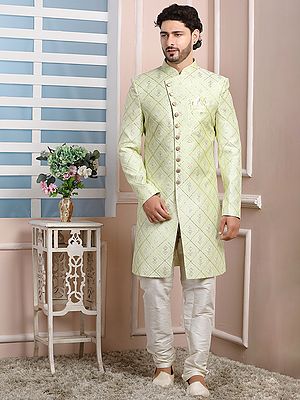 Elegant Thread Work Art Silk Indo Western Sherwani Suit With Churidar Pajama For Stylish Ethnic Celebrations