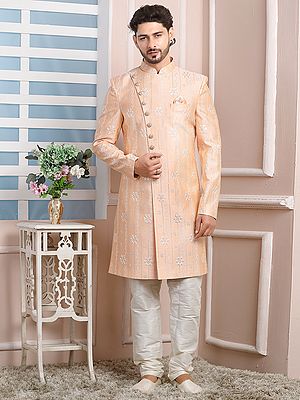 Luxurious Thread Work Art Silk Indo Western Sherwani Paired With Churidar For Grand Wedding Celebrations