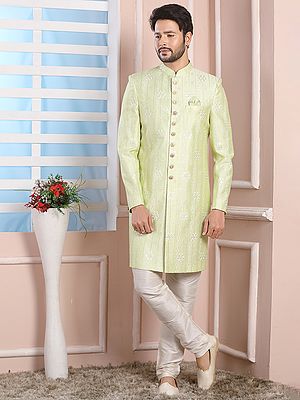 Art Silk Thread Work Indo Western Sherwani Set With Churidar Pajama Perfect For Wedding Sangeet Reception