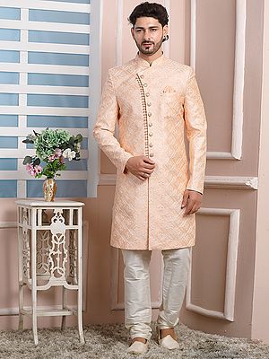 Stylish Thread Work Art Silk Indo Western Sherwani With Churidar Pajama Perfect For Grand Wedding Celebrations