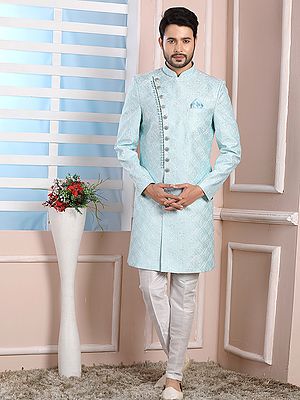 Exquisite Art Silk Thread Work Indo Western Sherwani Featuring Aligadhi Pant For Festive Wedding Affairs