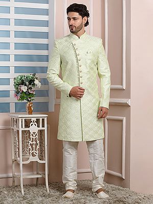 Art Silk Thread Work Indo Western Sherwani Set With Churidar Pajama Perfect For Festive Celebrations