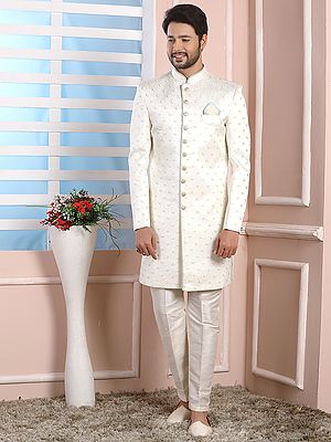 Premium Thread Work Art Silk Indo Western Sherwani With Aligadhi Pant For Elegant Wedding Festivities