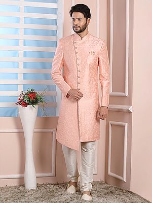 Thread Work Art Silk Indo Western Sherwani Suit With Churidar For Wedding Reception Party Festive Glamour