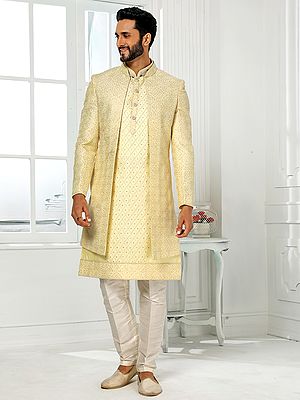 Art Silk Embroidered Three Piece Jacket Suit With Aligadhi Pant Perfect For Sangeet Reception Festive Celebrations