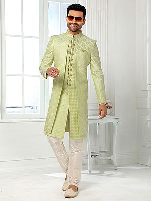 Men's Art Silk Embroidered Indo Western Two Piece Jacket Suit With Aligadhi Pant Perfect For Wedding
