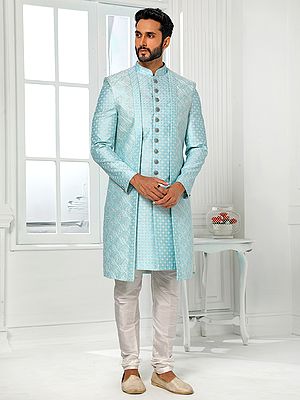 Luxurious Art Silk Embroidered Indo Western Jacket Ensemble With Aligadhi Pant For Men