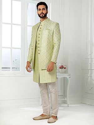 Elegant Art Silk Embroidered Indo Western Jacket Collection With Aligadhi Pant For Premium Wedding Events