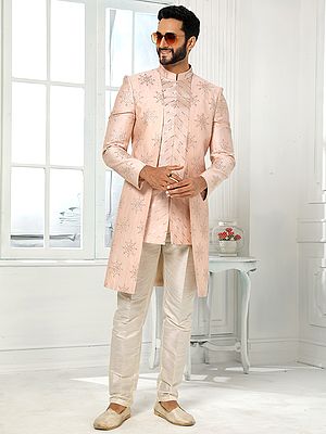 Premium Art Silk Embroidered Indo Western Jacket Suit Paired With Aligadhi Pant For Sophisticated Festive Occasions