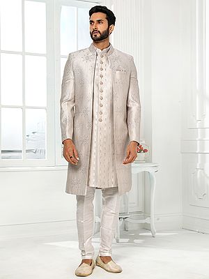 Art Silk Embroidered Indo Western Three Piece Jacket Suit With Aligadhi Pant Perfect For Wedding Sangeet Reception