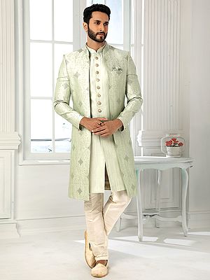 Premium Art Silk Embroidered Three Piece Indo Western Jacket With Aligadhi Pant For Elegant Wedding Festivities