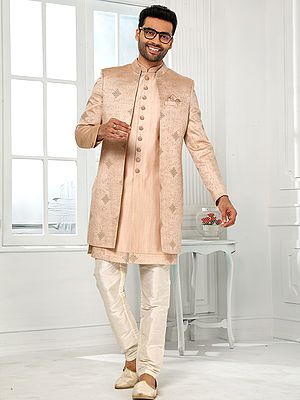 Royal Art Silk Embroidered 3 Piece Indo Western Jacket With Aligadhi Pant For Majestic Festive Affairs