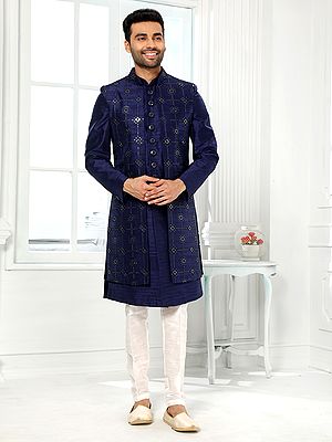 Premium Art Silk Embroidered 3 Piece Indo Western Jacket With Aligadhi Pant For Elegant Wedding Celebrations