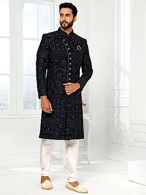 Men's Art Silk Embroidered Sherwani With Churidar Pants For Elegant Wedding Festive Celebrations
