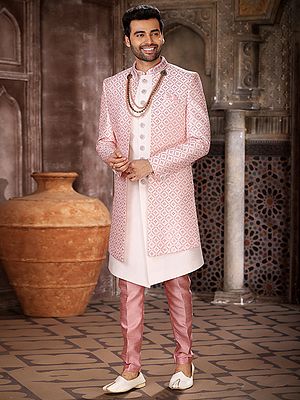 Embroidered Art Silk Three Piece Indo Jacket Set With Aligarhi Pant Offers A Luxurious Ethnic Look For Wedding