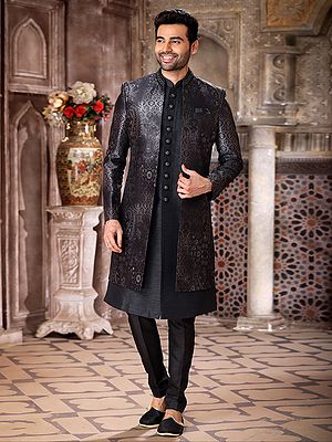 Three Piece Art Silk Embroidered Printed Indo Jacket Set With Aligarhi Pant Suits Wedding And Festive Occasions