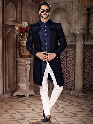 Art Silk Shimmer Sequins Three Piece Indo Jacket Set With Aligarhi Pant Crafts A Premium Ethnic Ensemble For Groom