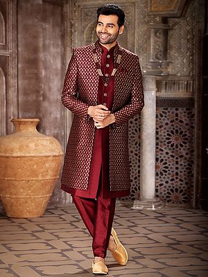 Elegant Art Silk Three Piece Indo Jacket Set With Aligarhi Pant Redefines Groom Sophistication For Weddings And Festive Moments