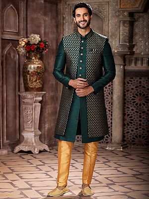 Elegant Art Silk Brocade Three Piece Indo Jacket Set With Aligarhi Pant Dazzles Grooms With Timeless Wedding Luxury