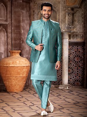 Men's Exquisite Jacquard Art Silk Indo Western Jacket Sherwani With Aligarhi Pant For Wedding Grooms