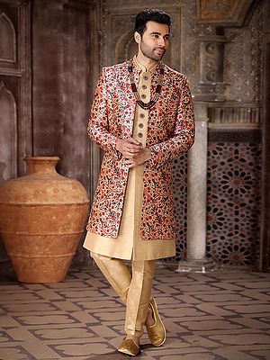 Art Silk Embroidered Printed And Thread Work Three Piece Indo Jacket Set With Aligarhi Pant Wedding Groom Wear