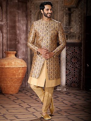Three Piece Indo Jacket Set In Art Silk With Printed Thread Work And Aligarhi Pant Matches Your Exact Specifications