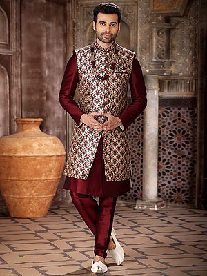 Luxurious Printed Thread Work Art Silk Indo Jacket Set With Aligarhi Pant For Wedding Groom Wear