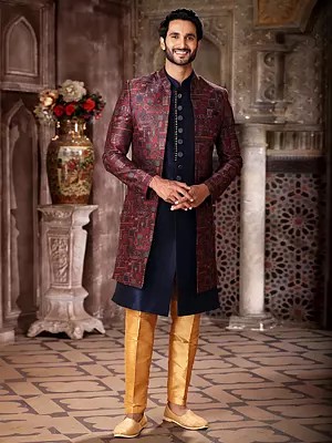 Dynamic Printed Thread Work Art Silk Three Piece Indo Jacket Set With Aligarhi Pant Wedding Groom Wear