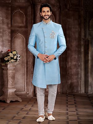 Refined Art Silk Embroidered Sherwani Paired With Aligarhi Pant Elevates Groom Elegance For Weddings