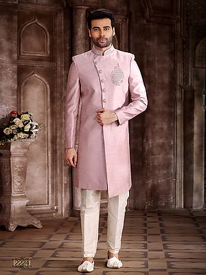Embroidered Art Silk Sherwani With Aligarhi Pant Set For Wedding Groom Indo Western Party Wear For Men