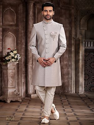 Men's Embroidered Art Silk Sherwani Suit With Aligarhi Pant For Wedding Party Groom Indo Western Festive Wear