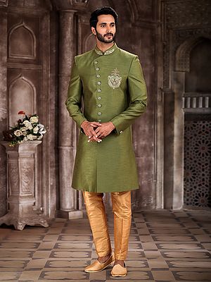Men's Embroidered Art Silk Sherwani With Aligarhi Pant For Indo Western Wedding Groom Festive Wear