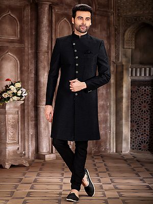 Royal Embroidered Art Silk Sherwani With Aligarhi Pant For Indo Western Groom Celebration Wear