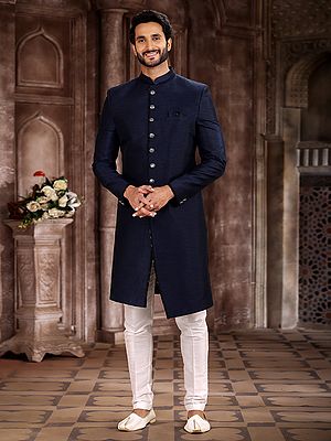 Art Silk Sherwani With Aligarhi Pant Set For Indo Western Wedding Groom Reception And Festive Party Wear