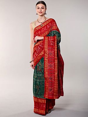 Alpine-Green Pure Cotton Ikat Handloom Saree from Sambhalpur with Fish Woven Wide Border